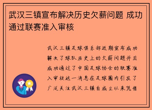 武汉三镇宣布解决历史欠薪问题 成功通过联赛准入审核